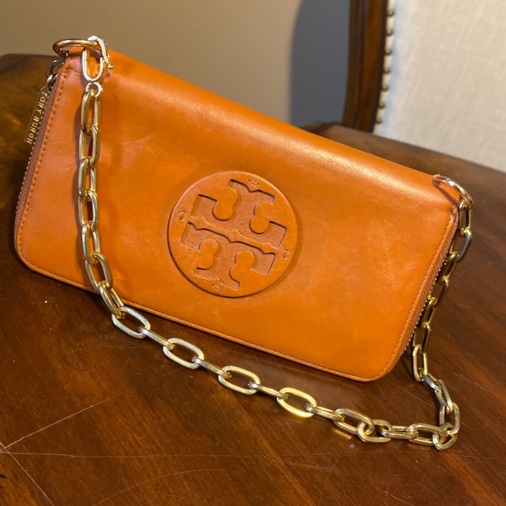 Tory Burch Orange Leather Logo Chain Clutch